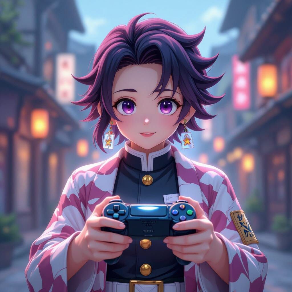 Anime Gamer Holding Controller in Demon Slayer Style
