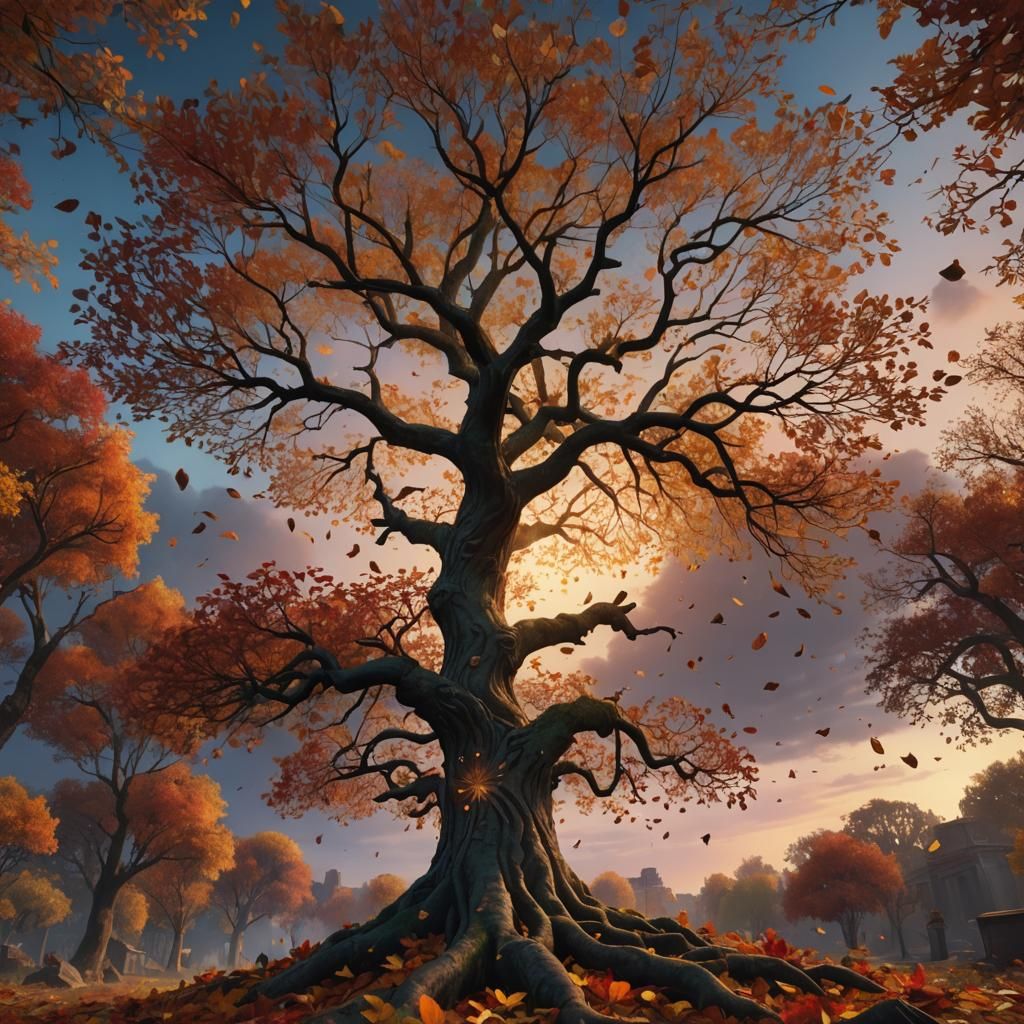 Tree of Life: Autumnal Sunset in Detailed Digital Art