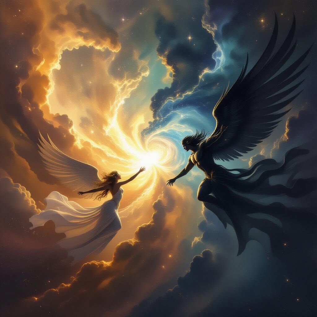 Cosmic Battle of Light vs Shadow in Surreal Style
