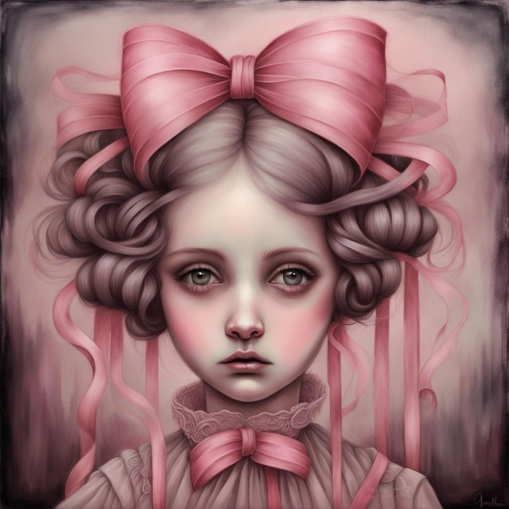 Edwardian Girl with Pink Ribbons: Surreal Portrait