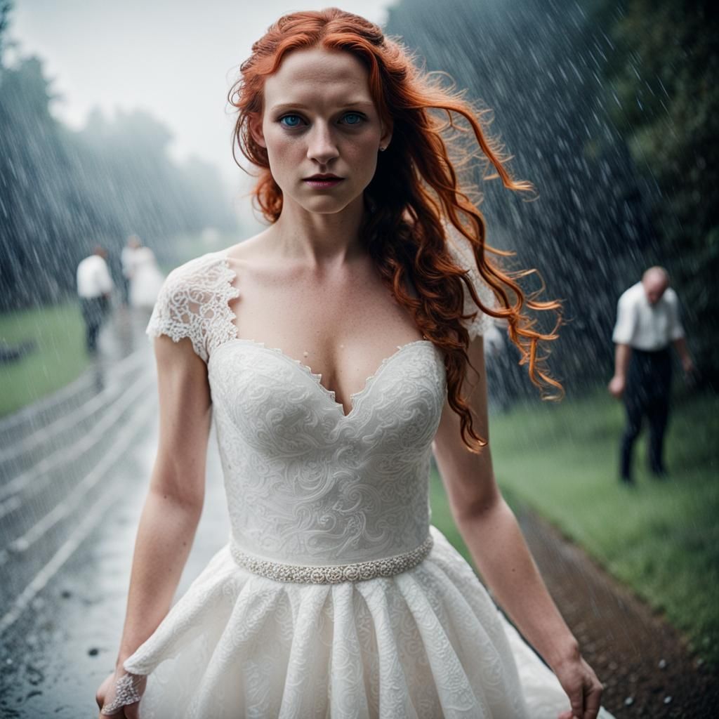 Bride in rain