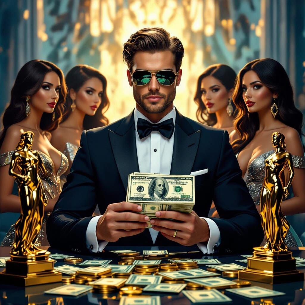 Young Tycoon Shows Financial Power with Money and Beauties