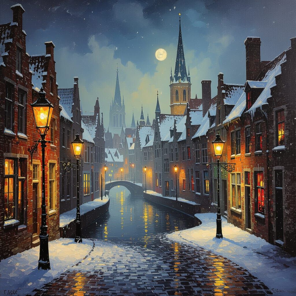 19th Century Bruges Christmas Scene in Surrealist Oil Painti...