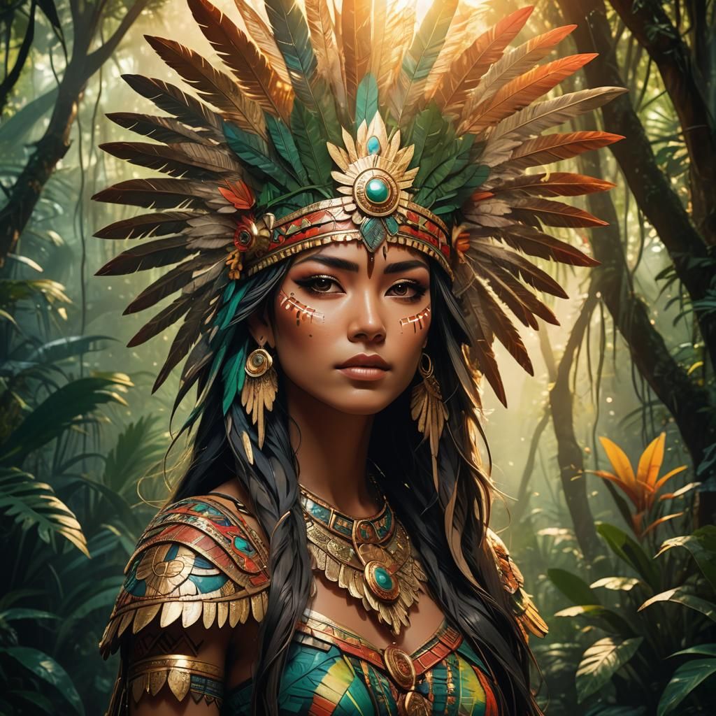 Aztec Woman in Jungle, Manga Style Portrait