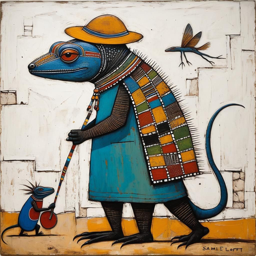 Ndebele Mural Painting of a Wandering Lizard