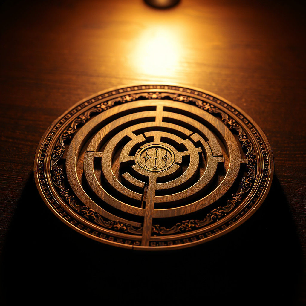 Ornate Wooden Labyrinth Game with Moody Lighting
