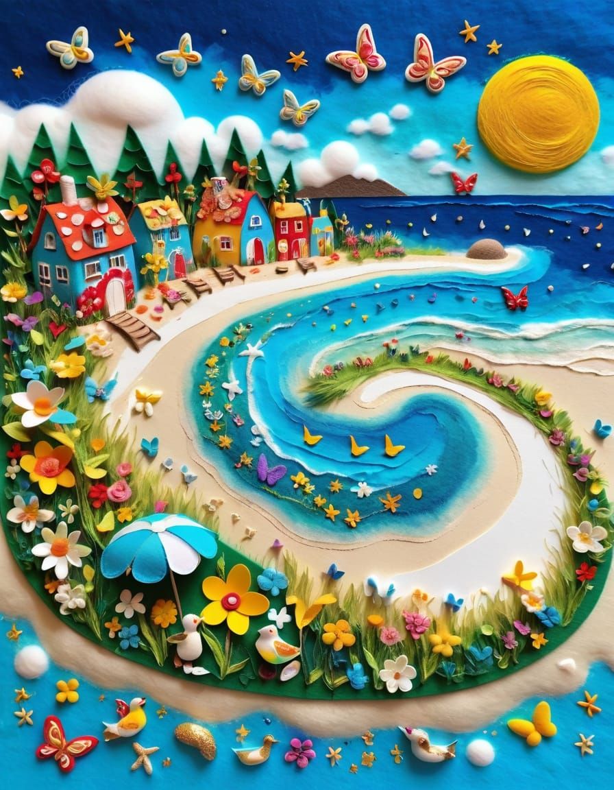 Felt Art Moon Beach Holidays with Butterflies and Duck