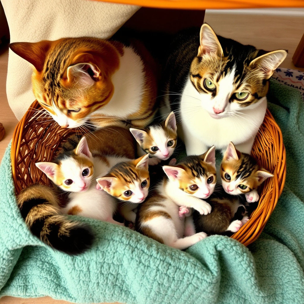 Two Mother Cats Sharing Kittens in a Basket