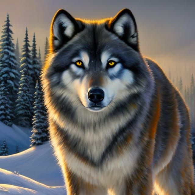 Happy Gray Wolf in Snowy Arctic Landscape