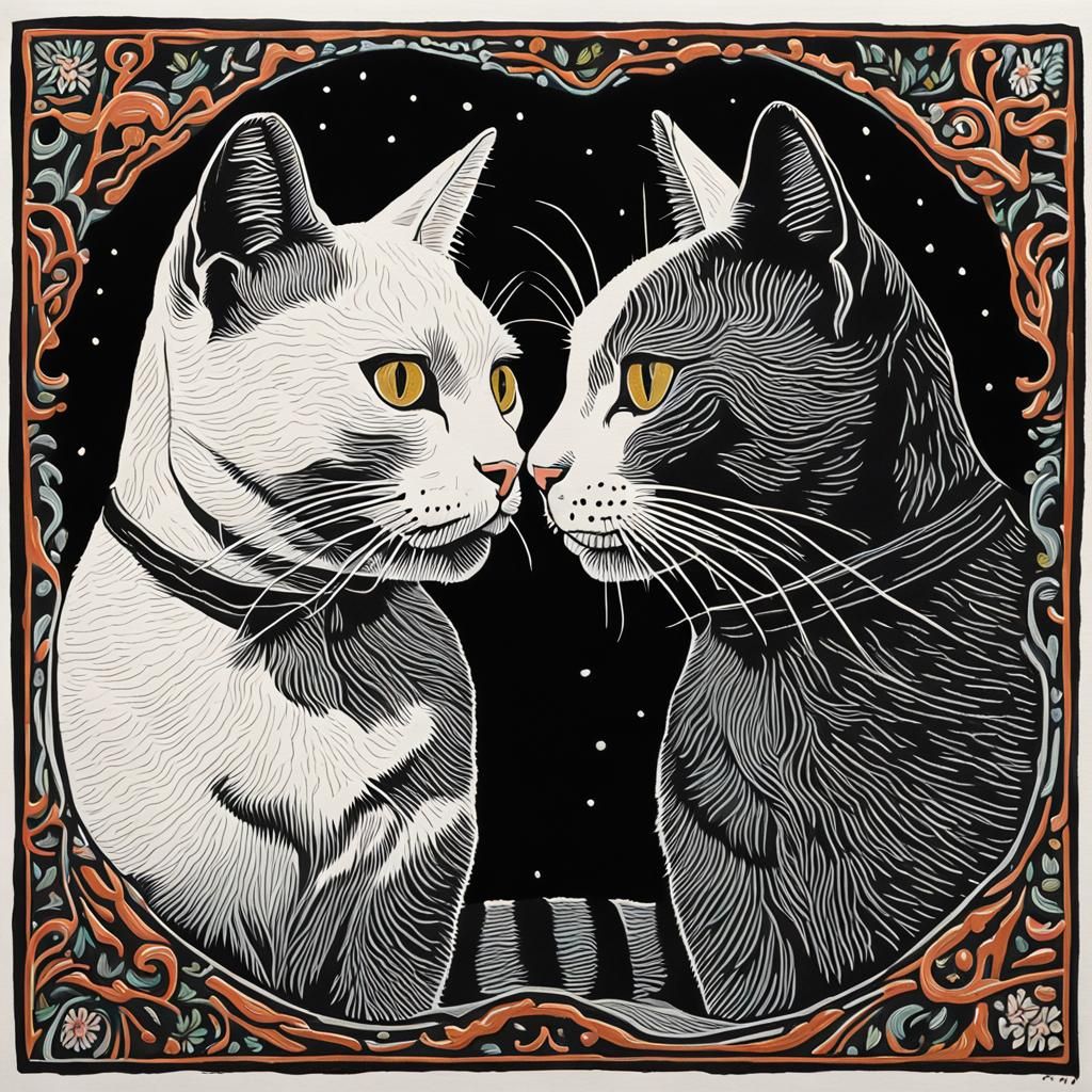 Linocut Mirror Image of Black and White Cats