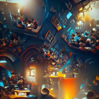 Crowded Evening Bar Quiz in Detailed Matte Painting