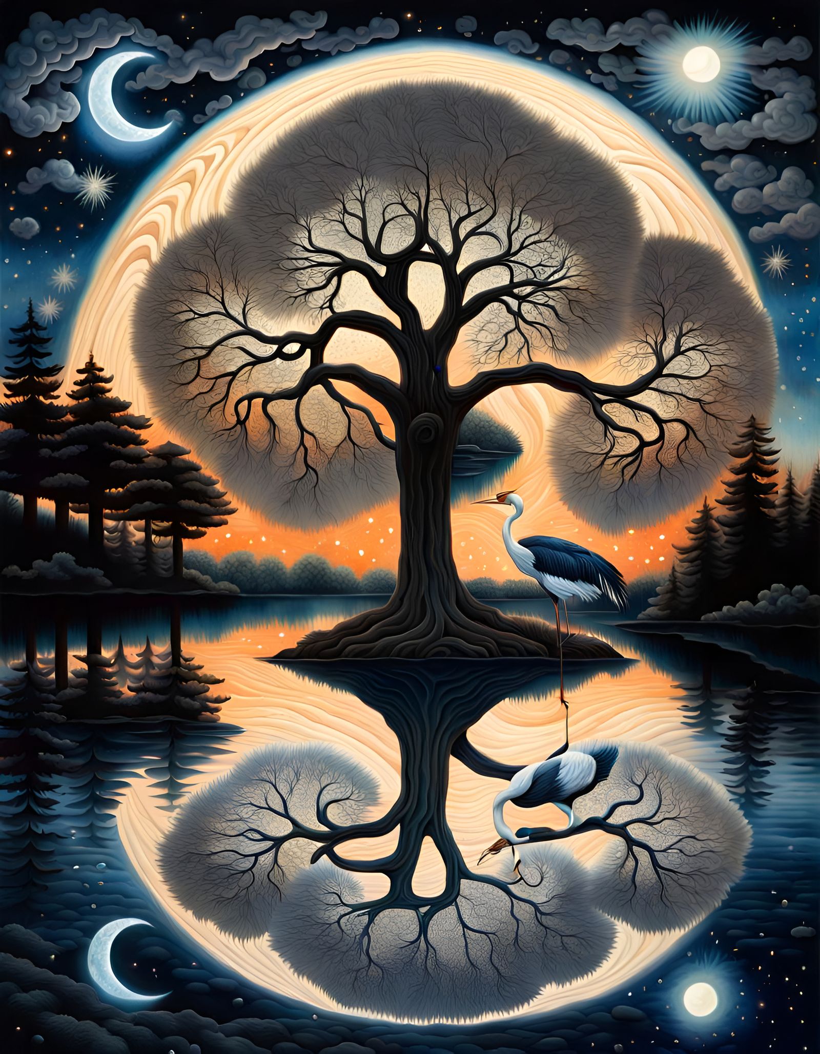 Crane and Wisteria Tree Under Starry Night