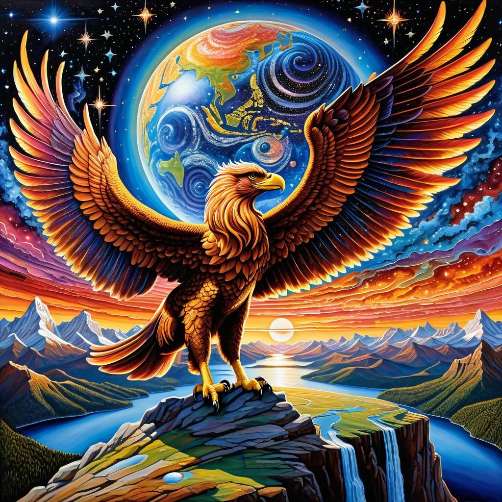 Griffin Guarding Flat Earth in Impasto Style