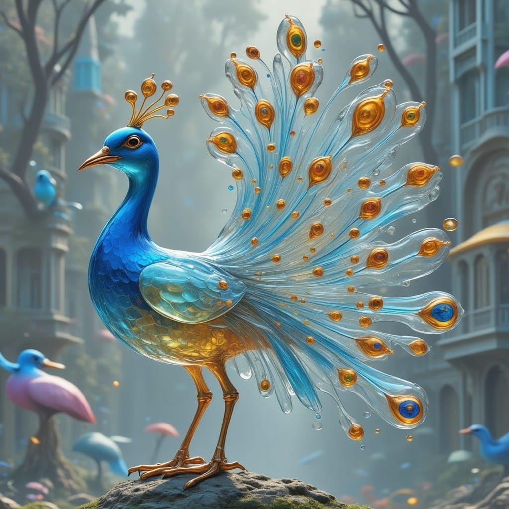 Shimmering Glass Peacock with Gold Feathers