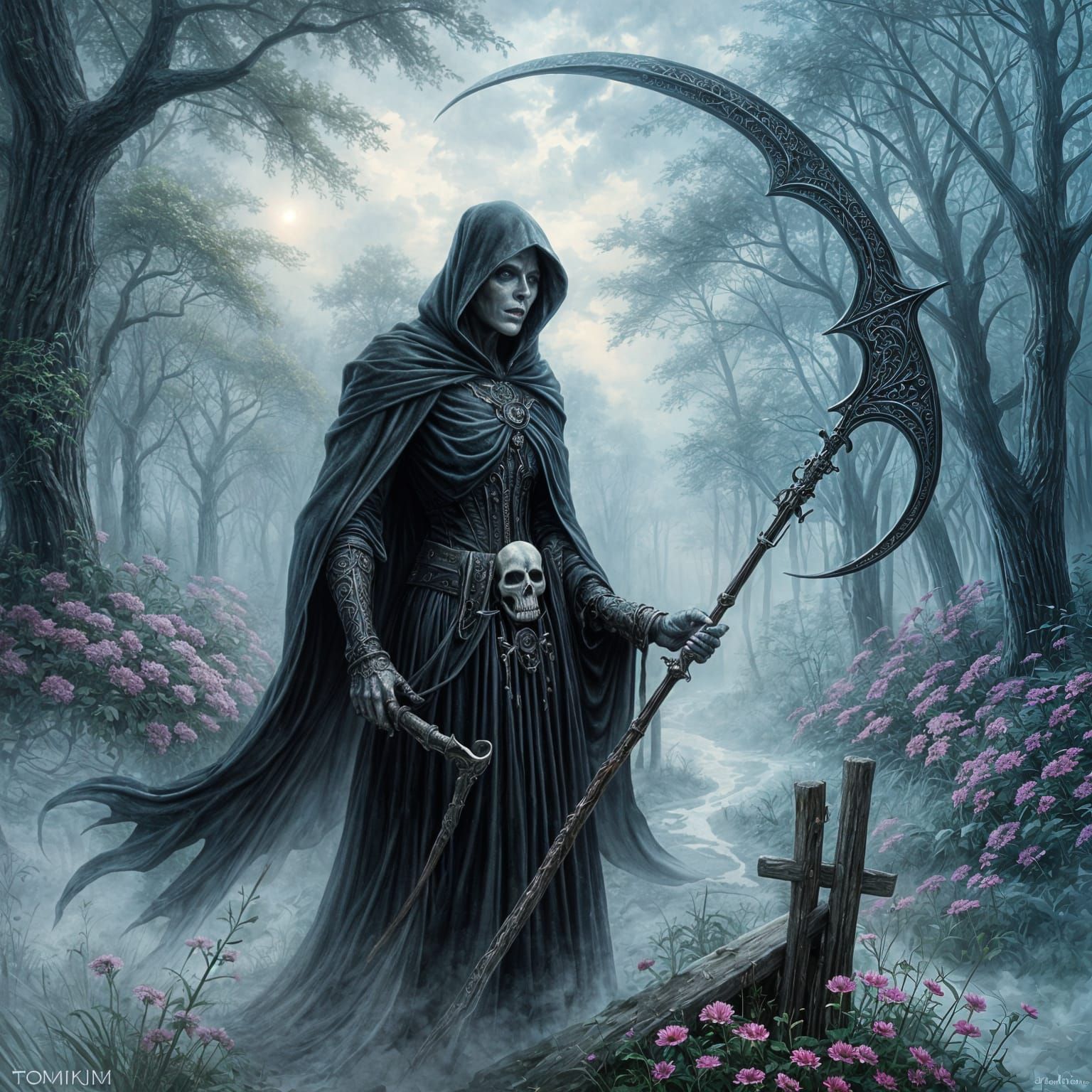Ethereal Female Grim Reaper in Fantasy Landscape