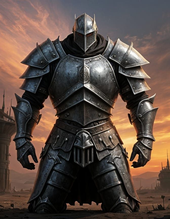 Grimdark Knight Kneeling in Wasteland at Sunset