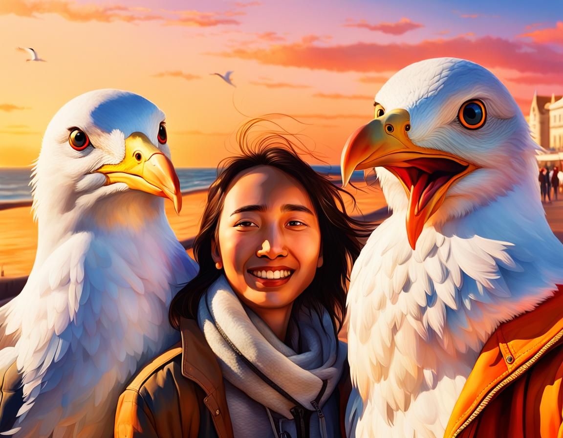 A close up of a seagull photobomb of a couples selfie on the...