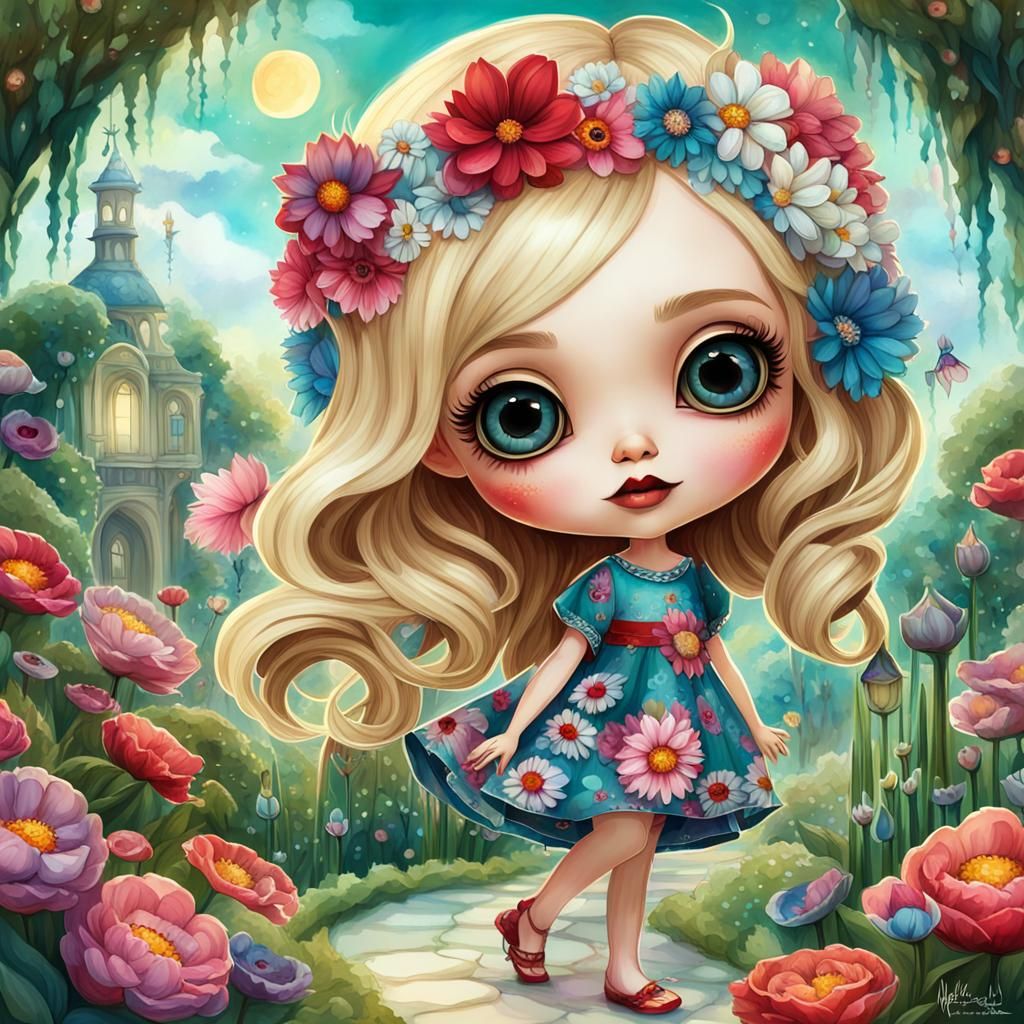 Cute Girl in Garden, Children's Book Illustration