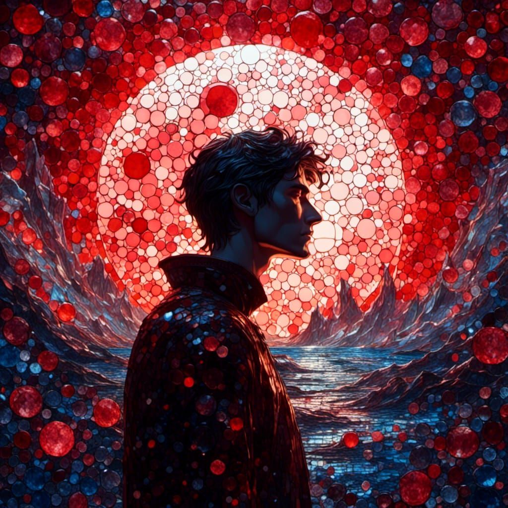 Man Silhouetted Against Red Moon Mosaic: Hyperrealistic Art