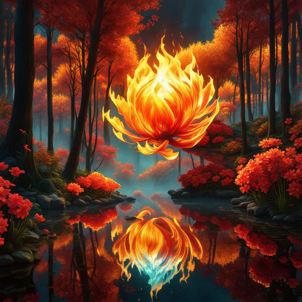 Luminous Fire Flowers in a Maximalist Anime Garden