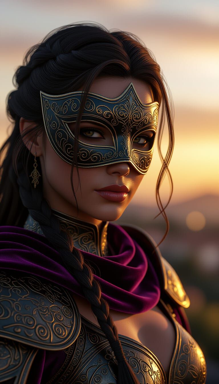 Renaissance Warrior in Velvet Mask at Sunset