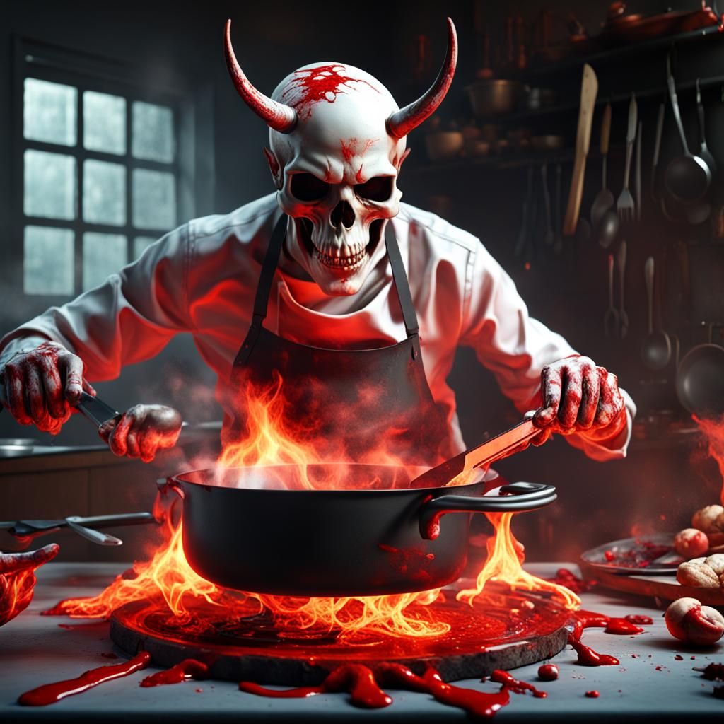 Hyperrealistic Devil's Kitchen with Spooky Chef