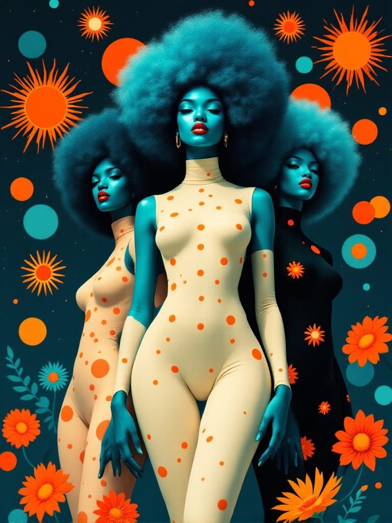 Elegant Women with Afro Crowns in Geometric Night Sky