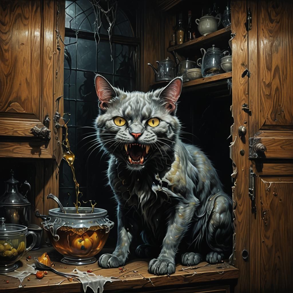 Gothic Surrealist Cat Devouring Viewer as Oil Painting