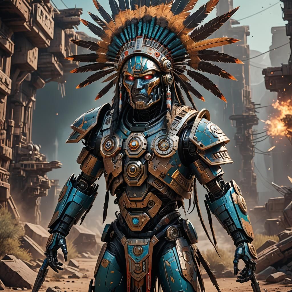 Futuristic Native American Warrior Robot, Detailed Digital A...
