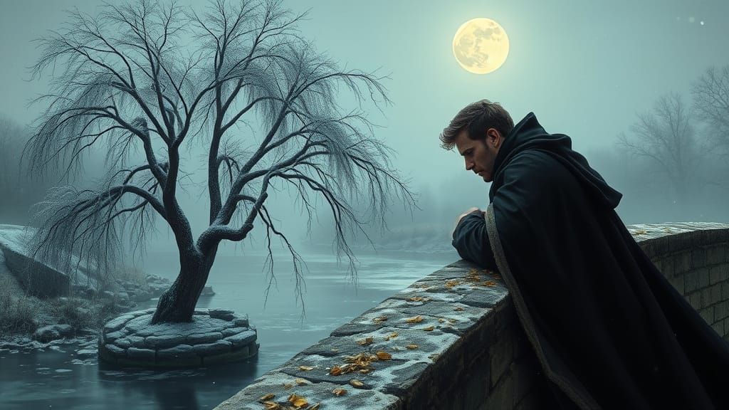 Sorrowful Man Gazing at Moonlit River