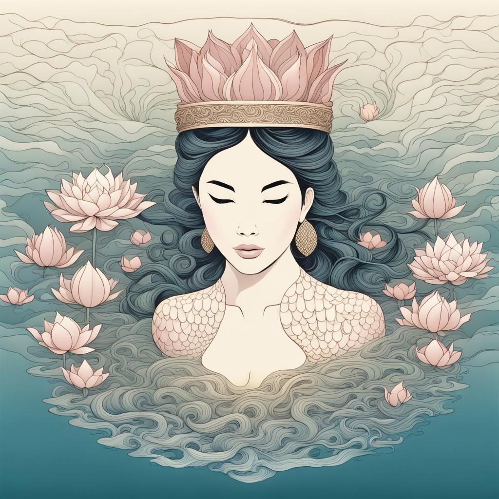 Lotus Mermaid in Pond with Abstract Elements