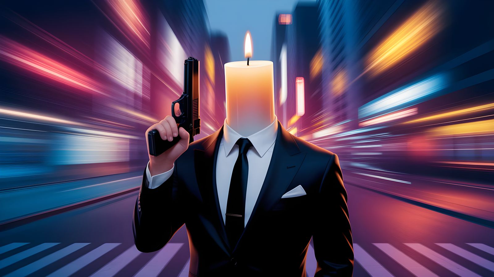 Candle in Suit with Gun in Neon Cityscape