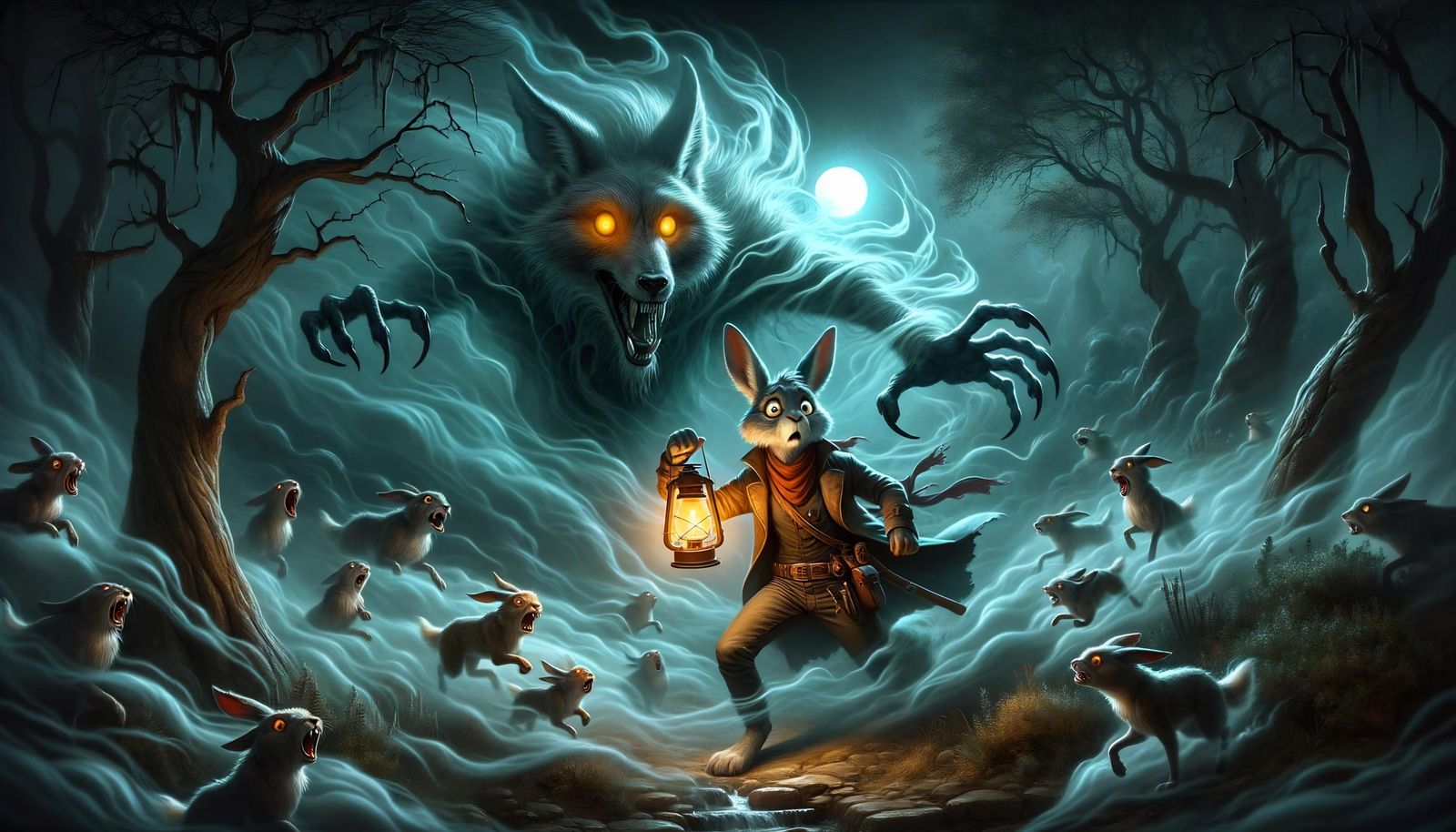 Eerie Encounter: Adventurer Rabbit and Spectral Coyote