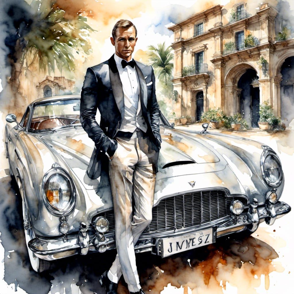 James Bond by Car in Watercolor Style