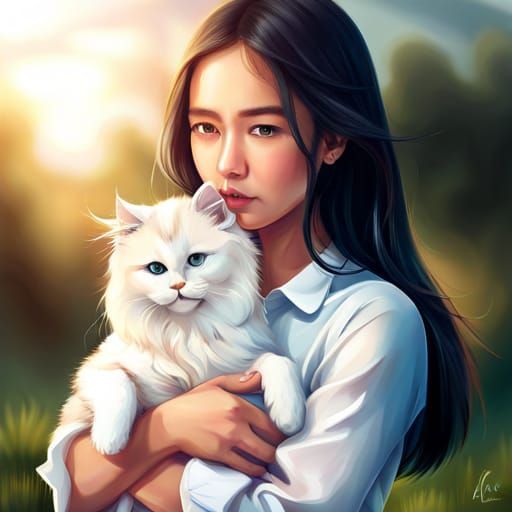 Girl Holding a Cute Fluffy Cat Painting