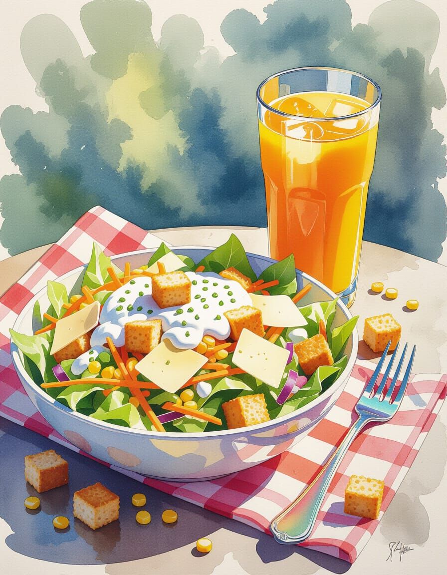 Vibrant Garden Salad and Orange Juice Watercolor Splash Art