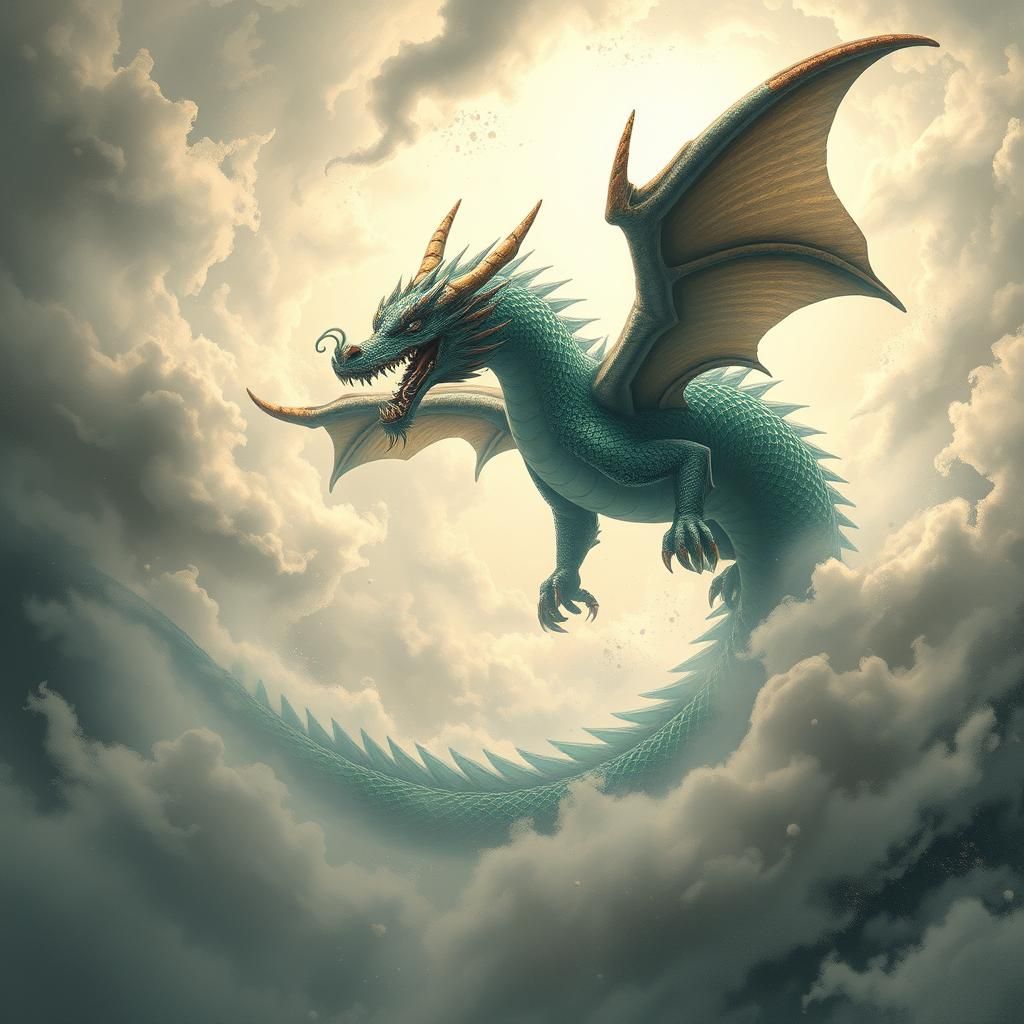 Jade Dragon Soaring Through Vortex: Hokusai-Inspired Art