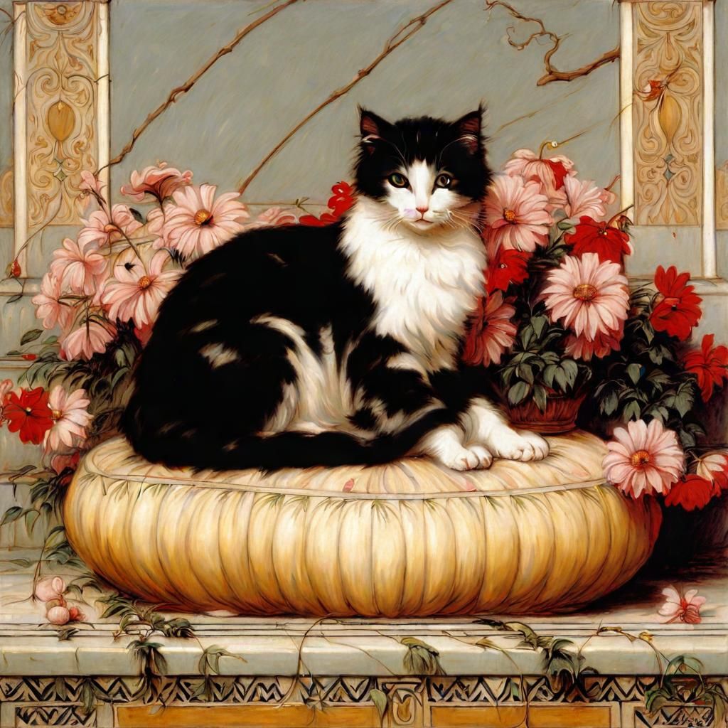 Cute Cat Surrounded by Flowers in Neoclassical Style