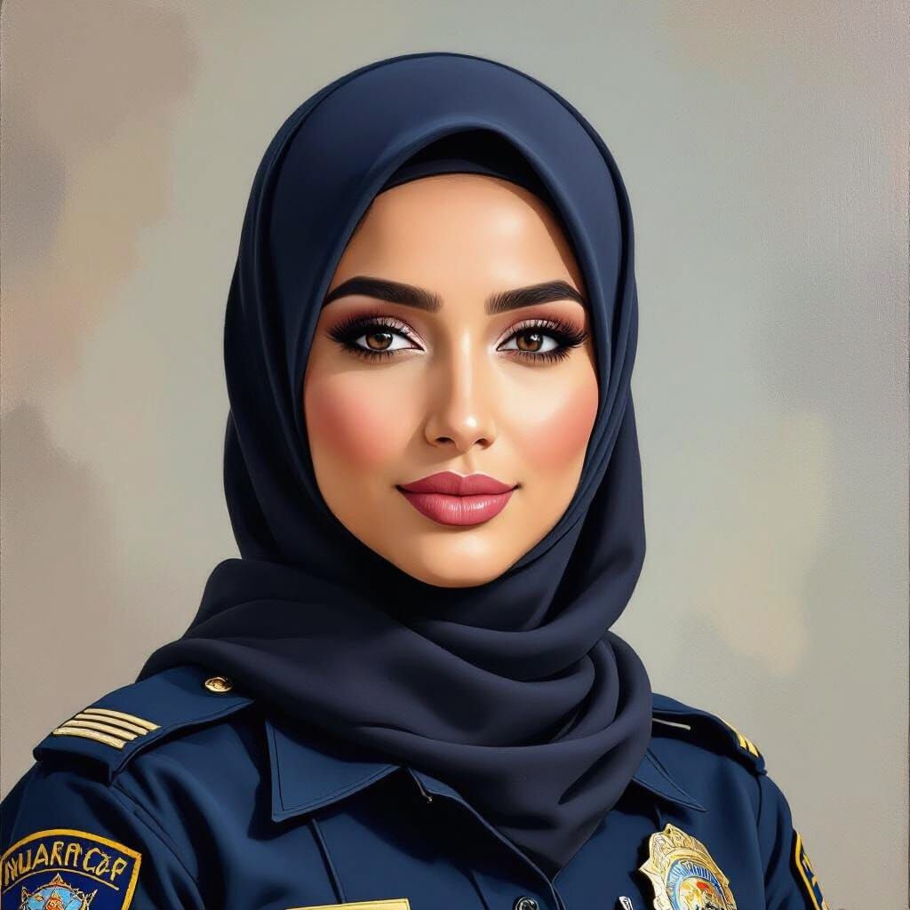 Confident Hijabi Police Officer: Detailed Digital Portrait
