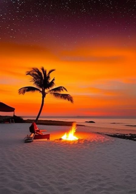 Beach Campfire Under Starry Night Sky