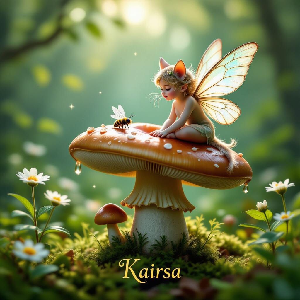 Fairy Cat Watches Bees in Enchanted Mushroom Ring at Dawn