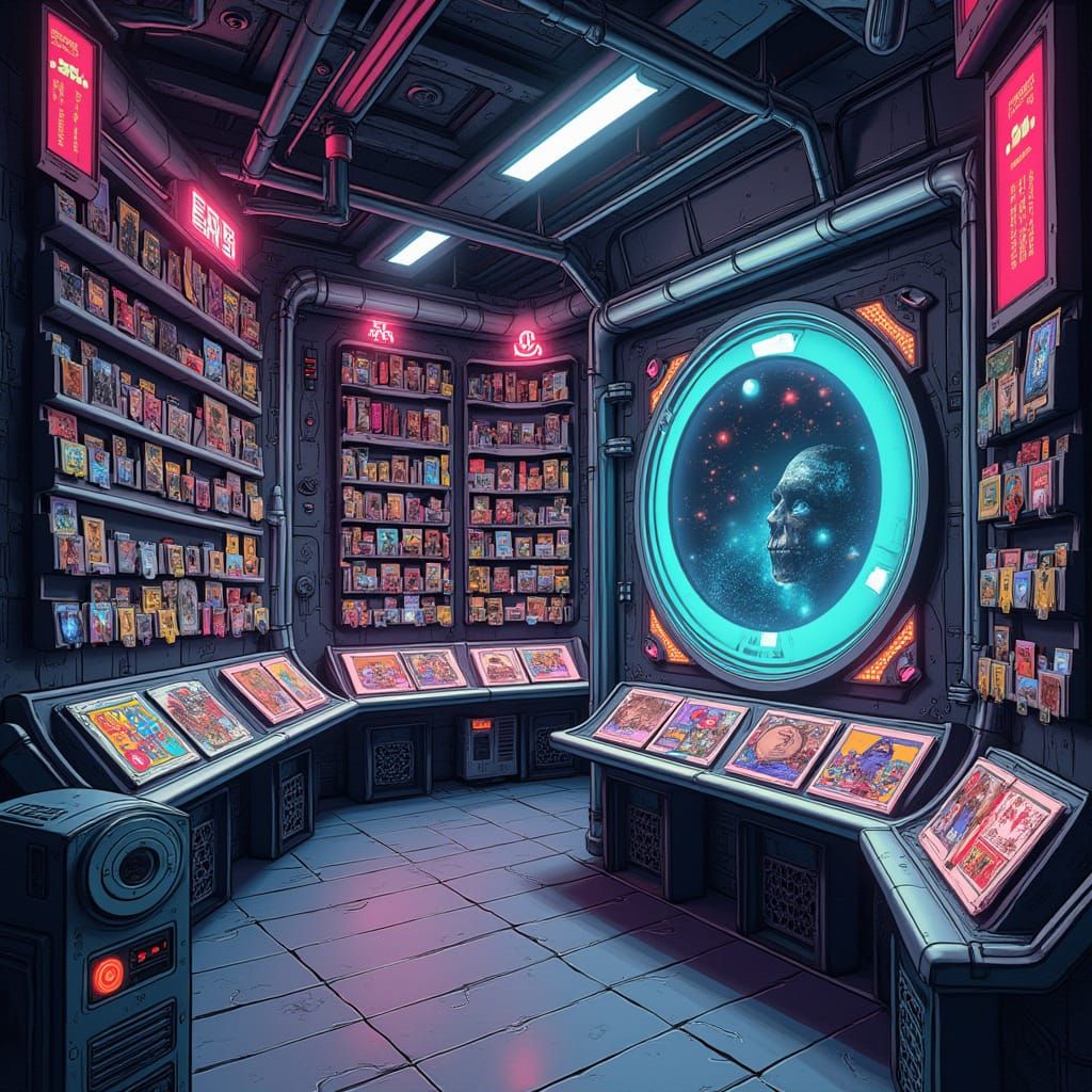 Cosmic Vinyl Records in Retro-Futuristic Space Station