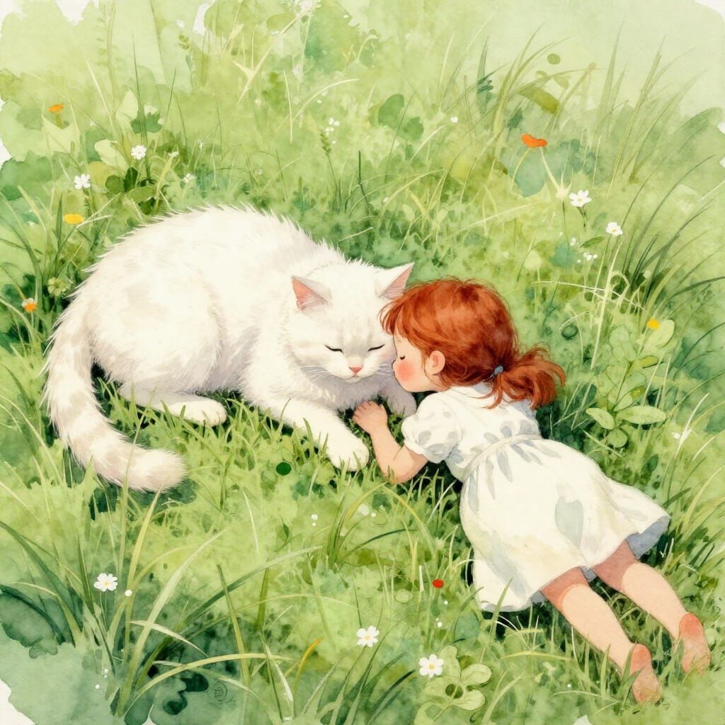 Girl and Cat on Grass in Watercolor Style