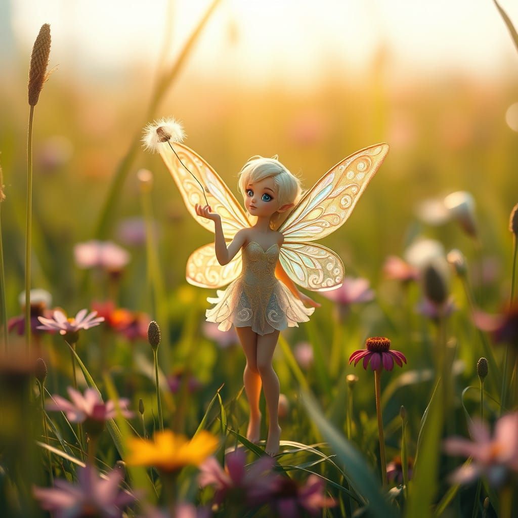 Delicate Fairy Blows Dandelion Seed in Whimsical Art Nouveau...