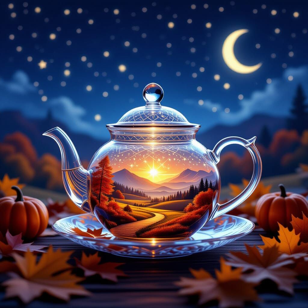 Starlit Autumn Landscape Pours from Crystal Teapot