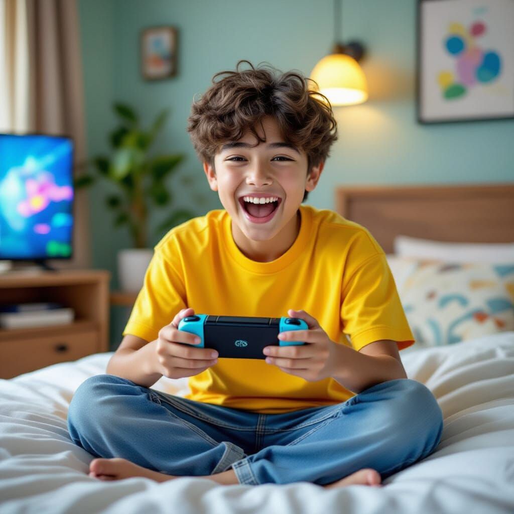 Boy Plays Nintendo Switch with Ecstatic Expression