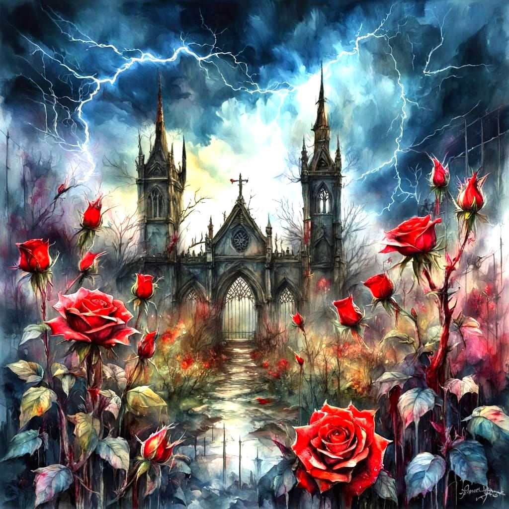 Gothic Rose Garden in Watercolour Style