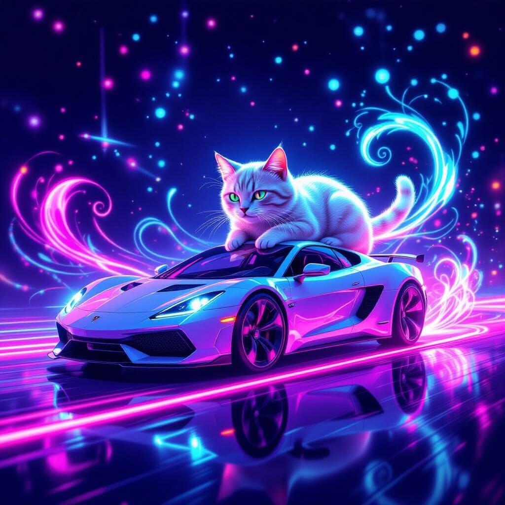 Magical Car Transformation into a Cat in Neon Lights