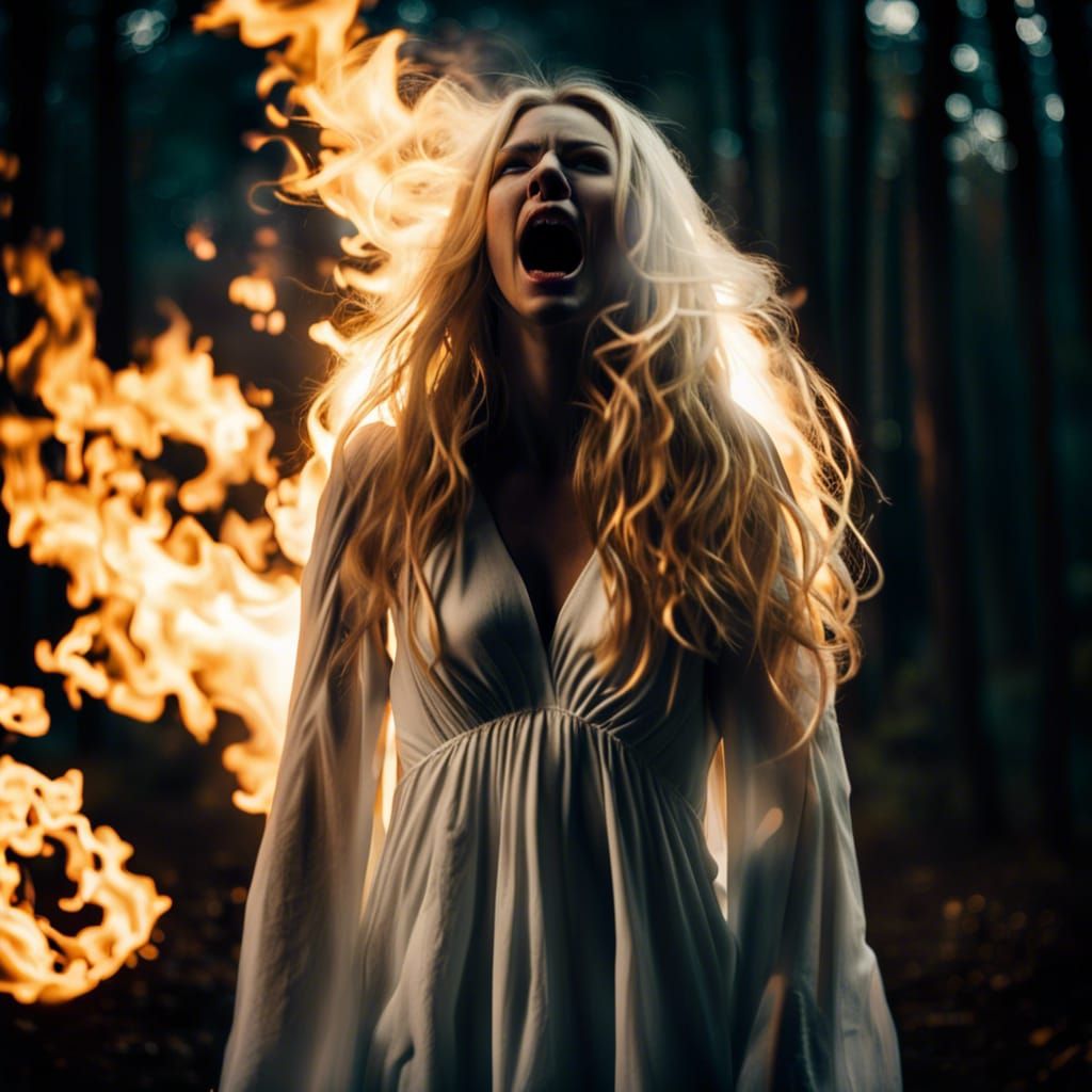 Woman Transformed into Human Torch in Forest