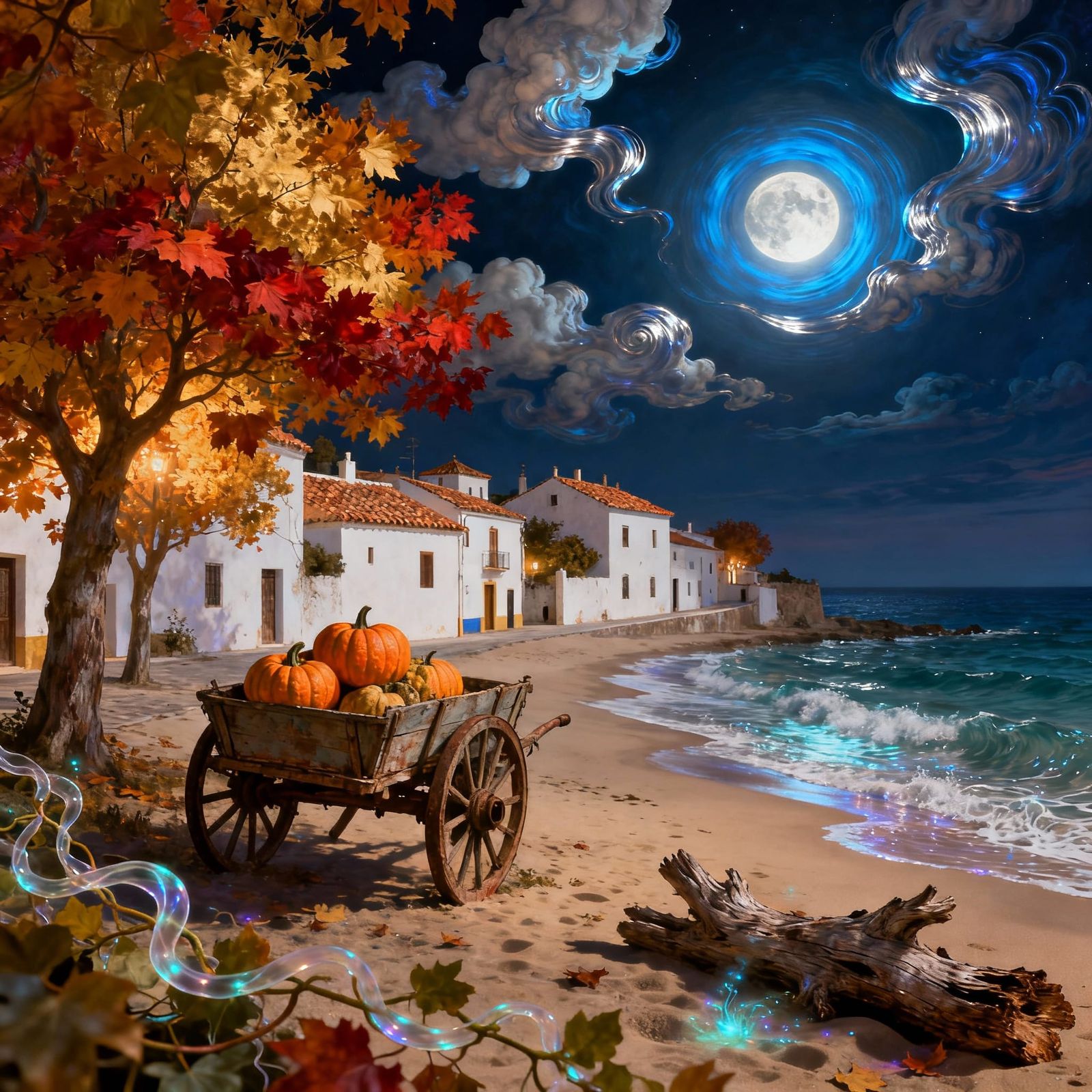 Andalusian Village Autumn Night in Magical Realism Style